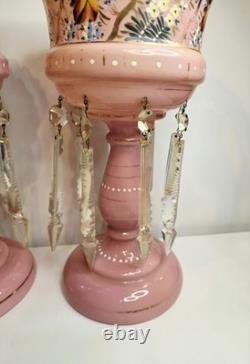 Pair of Victorian Bohemian Cased Glass 12.4 Pink Handpainted Mantle Lusters