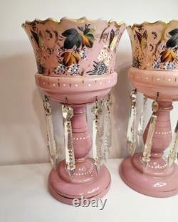 Pair of Victorian Bohemian Cased Glass 12.4 Pink Handpainted Mantle Lusters