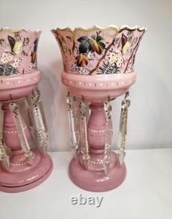 Pair of Victorian Bohemian Cased Glass 12.4 Pink Handpainted Mantle Lusters