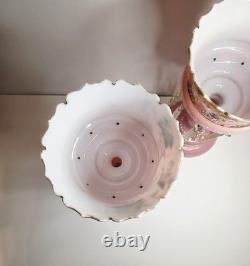 Pair of Victorian Bohemian Cased Glass 12.4 Pink Handpainted Mantle Lusters