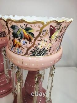 Pair of Victorian Bohemian Cased Glass 12.4 Pink Handpainted Mantle Lusters