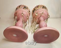 Pair of Victorian Bohemian Cased Glass 12.4 Pink Handpainted Mantle Lusters