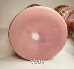 Pair of Victorian Bohemian Cased Glass 12.4 Pink Handpainted Mantle Lusters