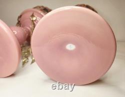 Pair of Victorian Bohemian Cased Glass 12.4 Pink Handpainted Mantle Lusters