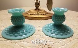 Pair of Vintage 1950's Fenton Turquoise Hobnail Candlestick Holders
