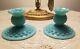 Pair Of Vintage 1950's Fenton Turquoise Hobnail Candlestick Holders