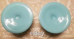 Pair of Vintage 1950's Fenton Turquoise Hobnail Candlestick Holders