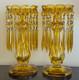 Pair Of Vintage Amber Glass Candle Holders With Crystal Prisms Mantle Lustres