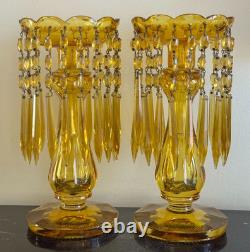 Pair of Vintage Amber Glass Candle Holders with Crystal Prisms Mantle Lustres