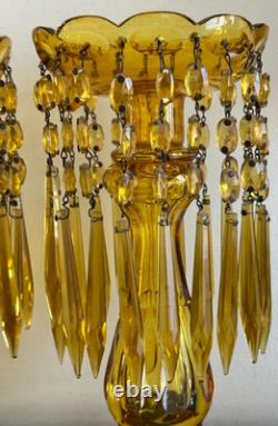 Pair of Vintage Amber Glass Candle Holders with Crystal Prisms Mantle Lustres