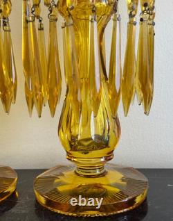 Pair of Vintage Amber Glass Candle Holders with Crystal Prisms Mantle Lustres