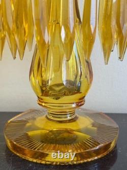 Pair of Vintage Amber Glass Candle Holders with Crystal Prisms Mantle Lustres