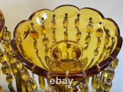 Pair of Vintage Amber Glass Candle Holders with Crystal Prisms Mantle Lustres