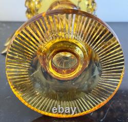 Pair of Vintage Amber Glass Candle Holders with Crystal Prisms Mantle Lustres