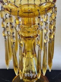 Pair of Vintage Amber Glass Candle Holders with Crystal Prisms Mantle Lustres