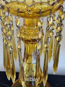 Pair of Vintage Amber Glass Candle Holders with Crystal Prisms Mantle Lustres