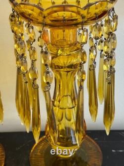 Pair of Vintage Amber Glass Candle Holders with Crystal Prisms Mantle Lustres