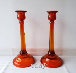 Pair of Vintage Amberina Glass Tall Candle Holders Candlesticks