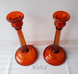 Pair of Vintage Amberina Glass Tall Candle Holders Candlesticks