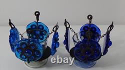 Pair of Vintage Blue Glass Metal Hanging Chandelier Candle Holders Mexico #709