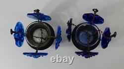 Pair of Vintage Blue Glass Metal Hanging Chandelier Candle Holders Mexico #709