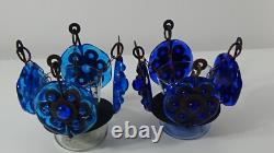 Pair of Vintage Blue Glass Metal Hanging Chandelier Candle Holders Mexico #709