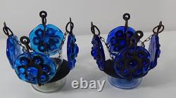 Pair of Vintage Blue Glass Metal Hanging Chandelier Candle Holders Mexico #709