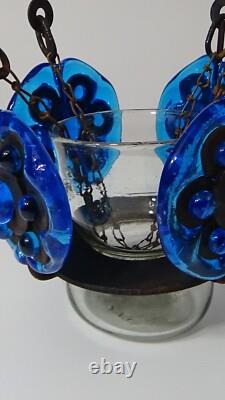 Pair of Vintage Blue Glass Metal Hanging Chandelier Candle Holders Mexico #709