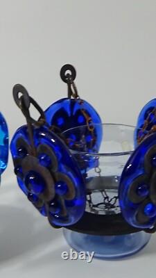 Pair of Vintage Blue Glass Metal Hanging Chandelier Candle Holders Mexico #709