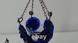 Pair of Vintage Blue Glass Metal Hanging Chandelier Candle Holders Mexico #709