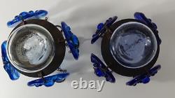 Pair of Vintage Blue Glass Metal Hanging Chandelier Candle Holders Mexico #709