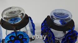 Pair of Vintage Blue Glass Metal Hanging Chandelier Candle Holders Mexico #709