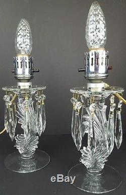 Pair of Vintage Clear Crystal Glass Candle Holder Lamps with Hanging Crystals VG