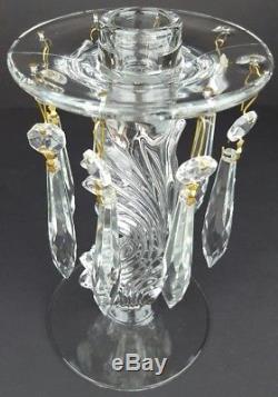 Pair of Vintage Clear Crystal Glass Candle Holder Lamps with Hanging Crystals VG