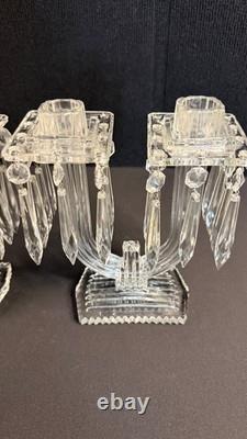 Pair of Vintage EAPG Double Candle Holders with Prisms. 8.25 tall