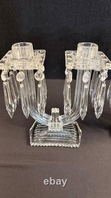 Pair of Vintage EAPG Double Candle Holders with Prisms. 8.25 tall