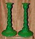 Pair Of Vintage Fenton Jadeite Green Twist Candlesticks Candle Holders Glass