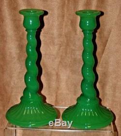 Pair of Vintage FENTON Jadeite Green Twist Candlesticks Candle Holders Glass