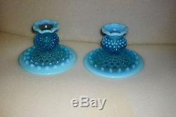 Pair of Vintage Fenton Sea Blue Hobnail Opalescent Glass Candle Holders