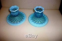 Pair of Vintage Fenton Sea Blue Hobnail Opalescent Glass Candle Holders
