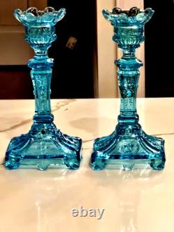 Pair of Vintage Pressed Glass Floral & Lion Decorated Glass 8 Candlesticks