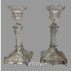 Pair of Vintage Pressed Glass Floral & Lion Decorated Glass 8 Candlesticks