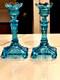 Pair Of Vintage Pressed Glass Floral & Lion Decorated Glass 8 Candlesticks