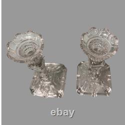 Pair of Vintage Pressed Glass Floral & Lion Decorated Glass 8 Candlesticks