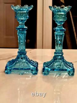 Pair of Vintage Pressed Glass Floral & Lion Decorated Glass 8 Candlesticks