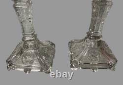 Pair of Vintage Pressed Glass Floral & Lion Decorated Glass 8 Candlesticks