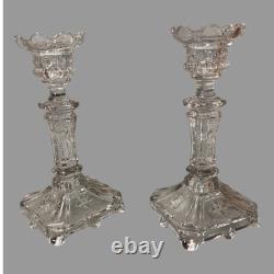 Pair of Vintage Pressed Glass Floral & Lion Decorated Glass 8 Candlesticks