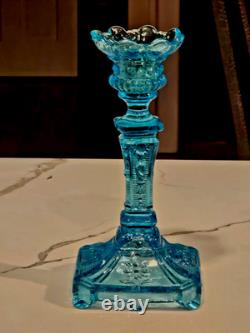 Pair of Vintage Pressed Glass Floral & Lion Decorated Glass 8 Candlesticks