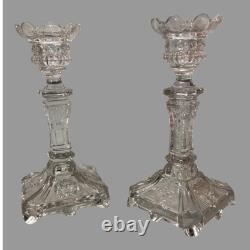 Pair of Vintage Pressed Glass Floral & Lion Decorated Glass 8 Candlesticks
