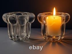 Pair of Vintage Swedish Crystal Flower Column Candle Holders Mid Century Hobnail